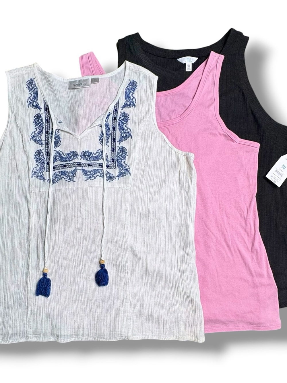 Three-Piece Tank Top Set — White Embroidered, Pink & Black Tanks